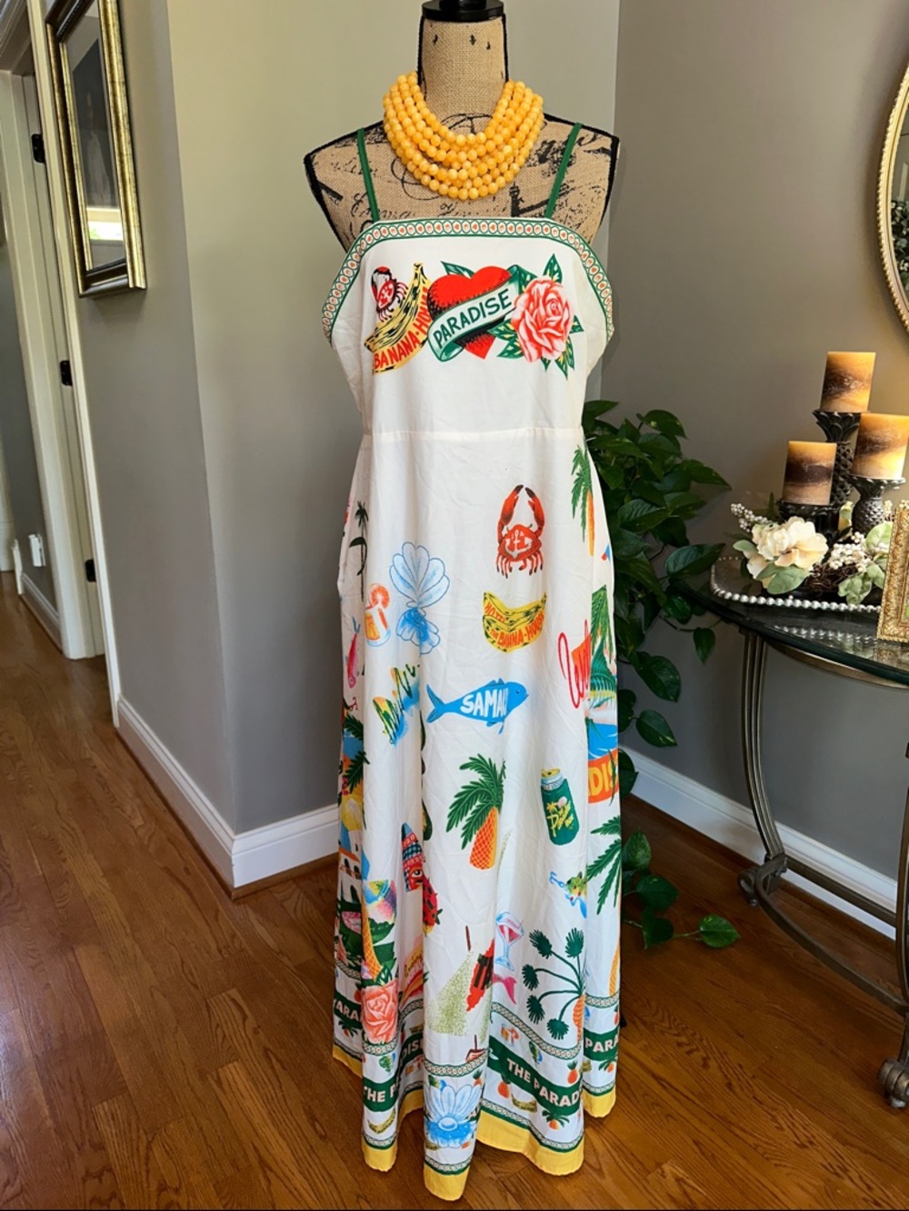 Charming Boutique White Tropical Graphic Paradise Inn Maxi Dress Boho